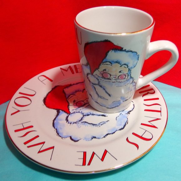 Rosanna Porcelain Christmas SET 8" Plate and Matching 4.5 " Mug Santa gold trim - Picture 1 of 16